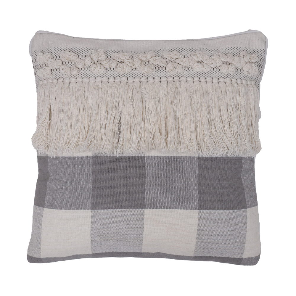 Vickerman Gray Plaid with Fringe Cotton Pillow