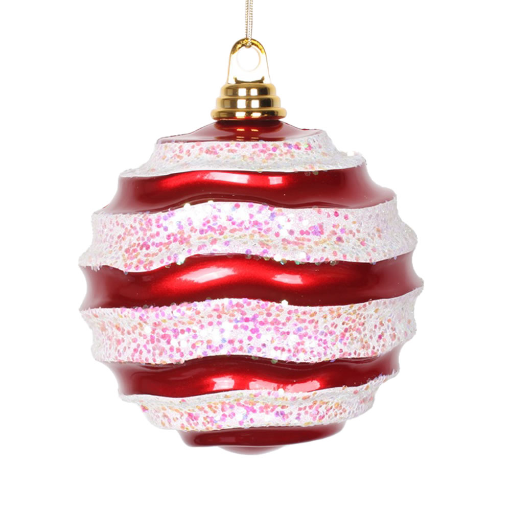 Vickerman Stripe Candy Glitter Wave Ball Christmas Ornament
