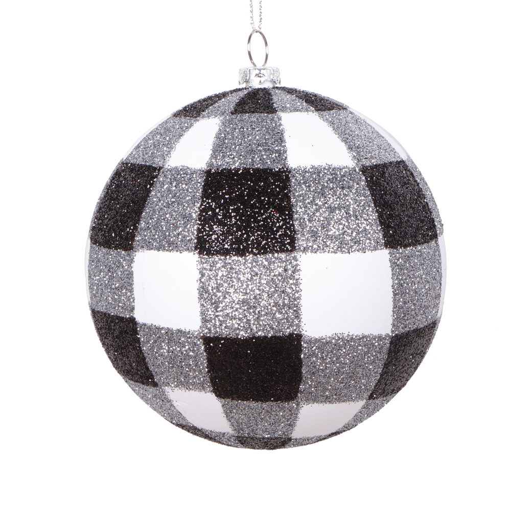 Vickerman White Black Plaid Glitter Ball Ornament