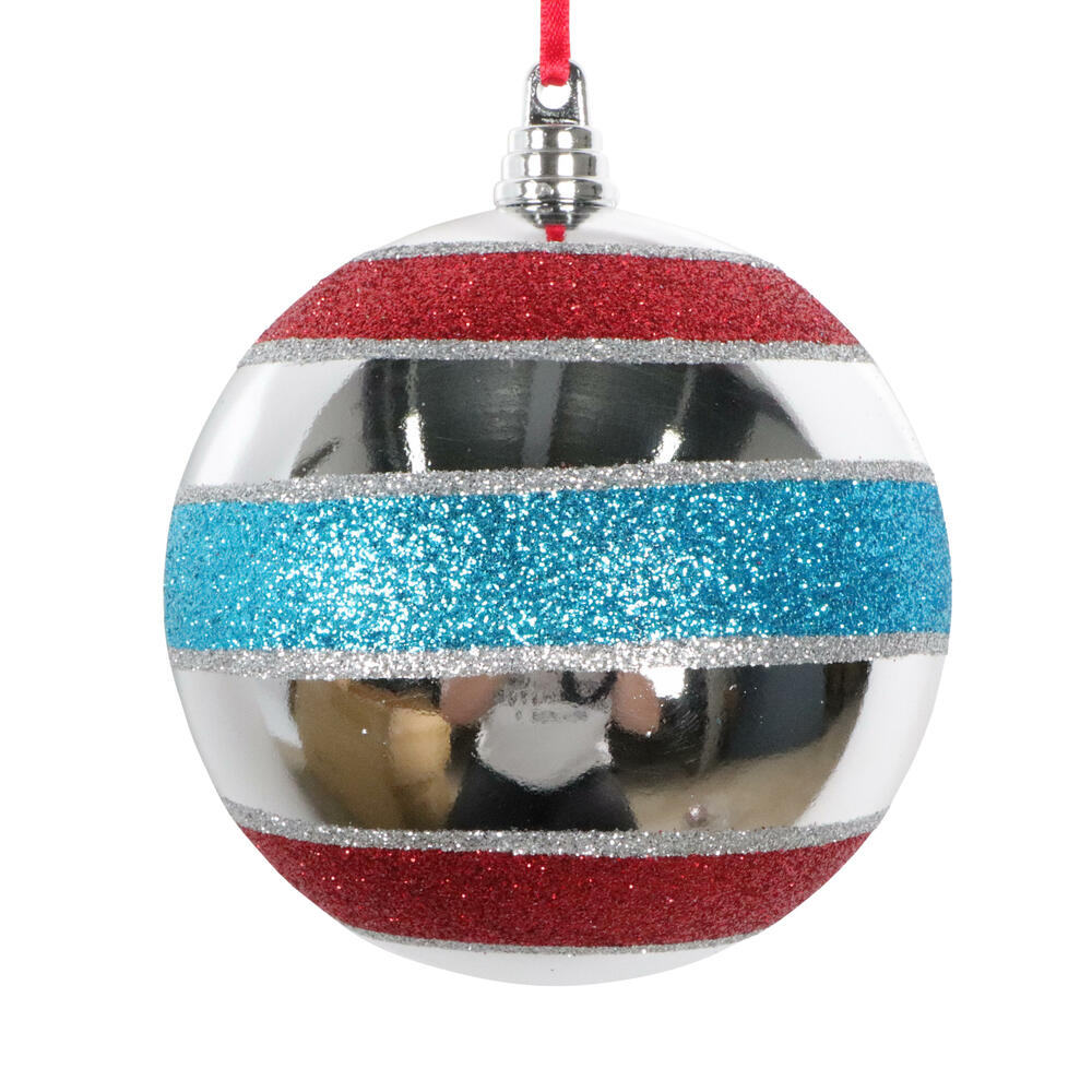 Vickerman Silver Shiny Red/Turq Glitter Ball Ornament