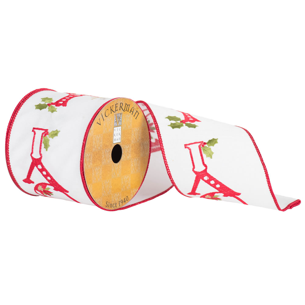 4"x10yd White Red Holly Berry Embr Joy