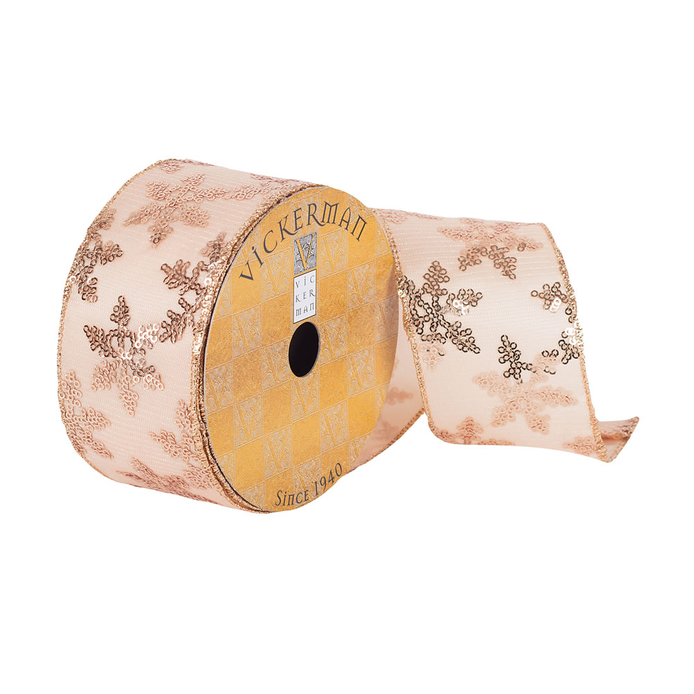 2.5"x10yd Rose Gold Sequin Snowflakes