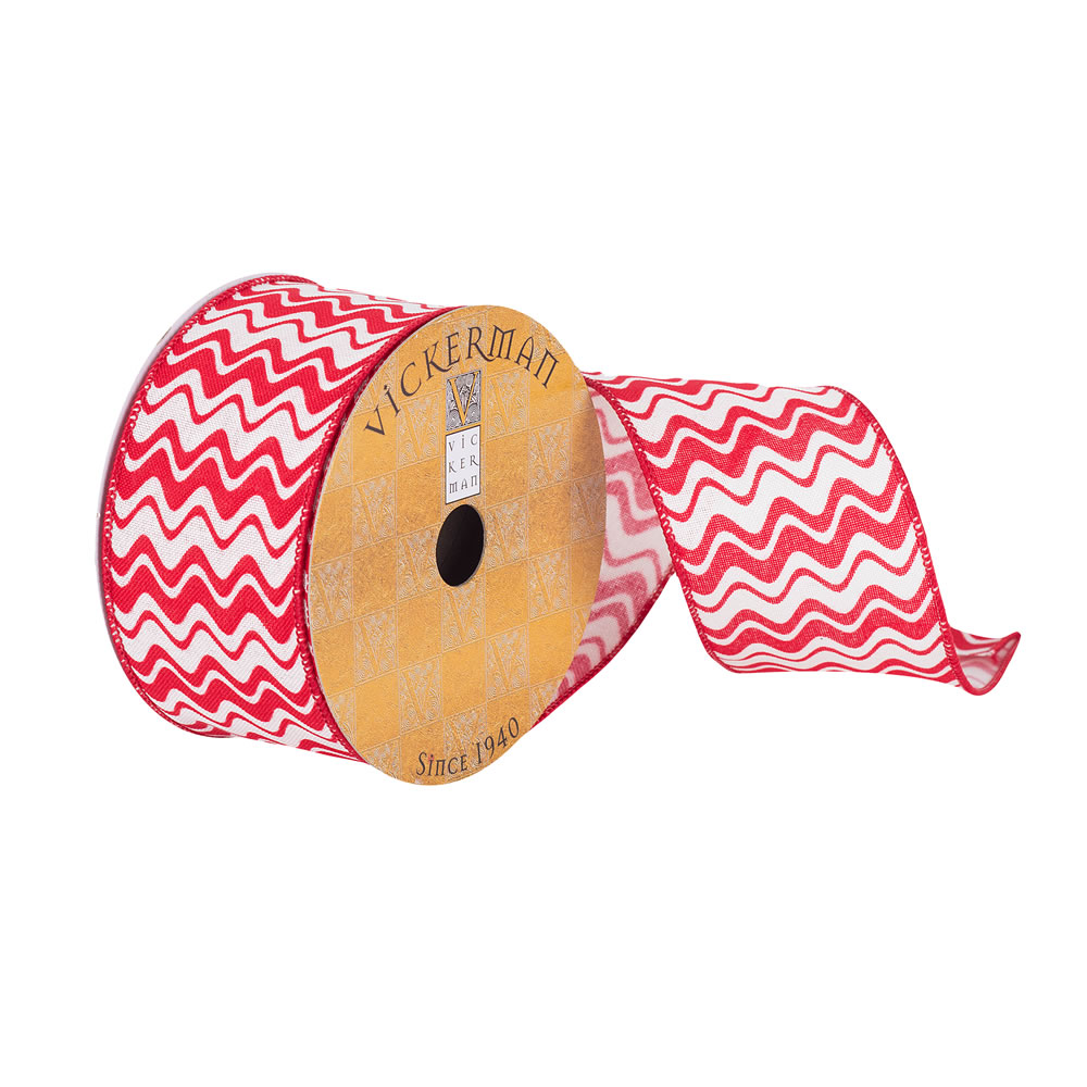 2.5"x10yd Red/White Waves Woven Dupion