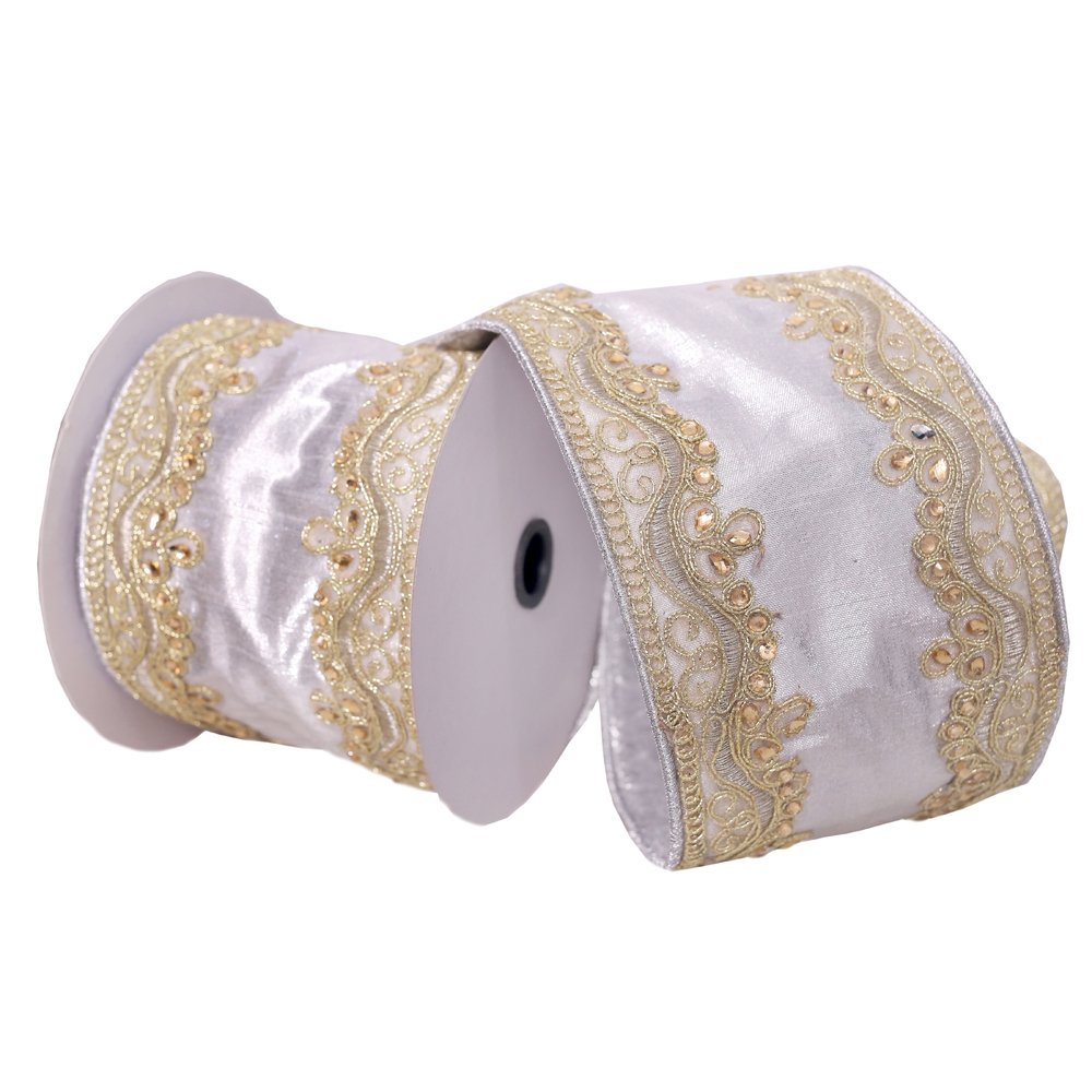 Vickerman Gold Embroidery Two Sided Wired Edge Christmas Ribbon