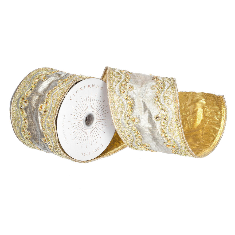 Vickerman Gold Embroidery Two Sided Wired Edge Christmas Ribbon