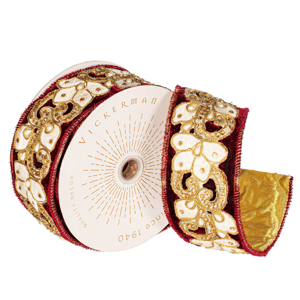 2.5"X5YD Burgundy/Gold Trim Ribbon