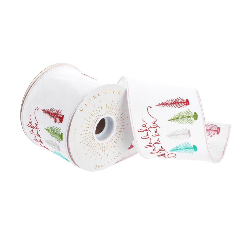 4"x10yd White Fa La La Tree Ribbon