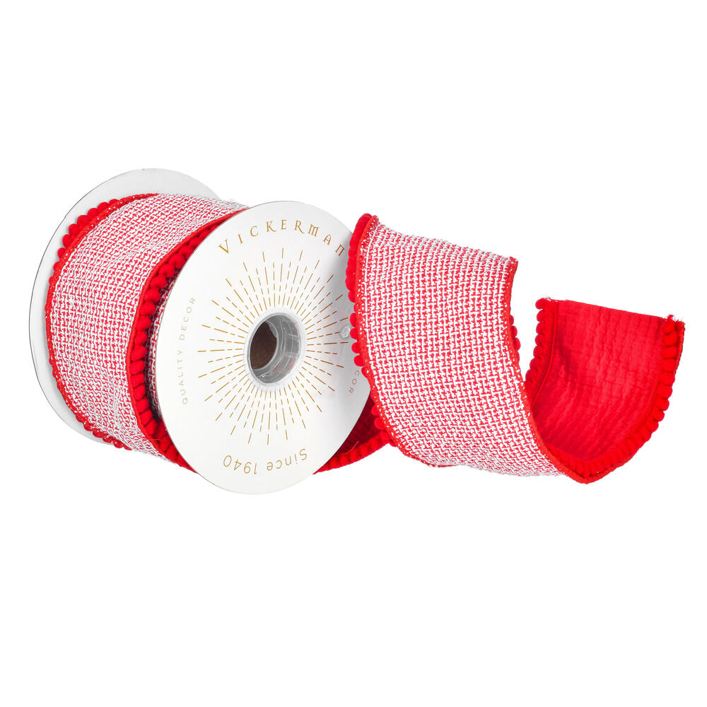 4"x5yd Red Houndstooth Pom Pom Ribbon