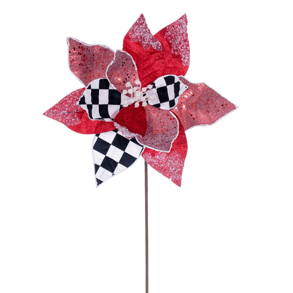 Vickerman 19" x 12" Red/White/Black Poinsettia Stem